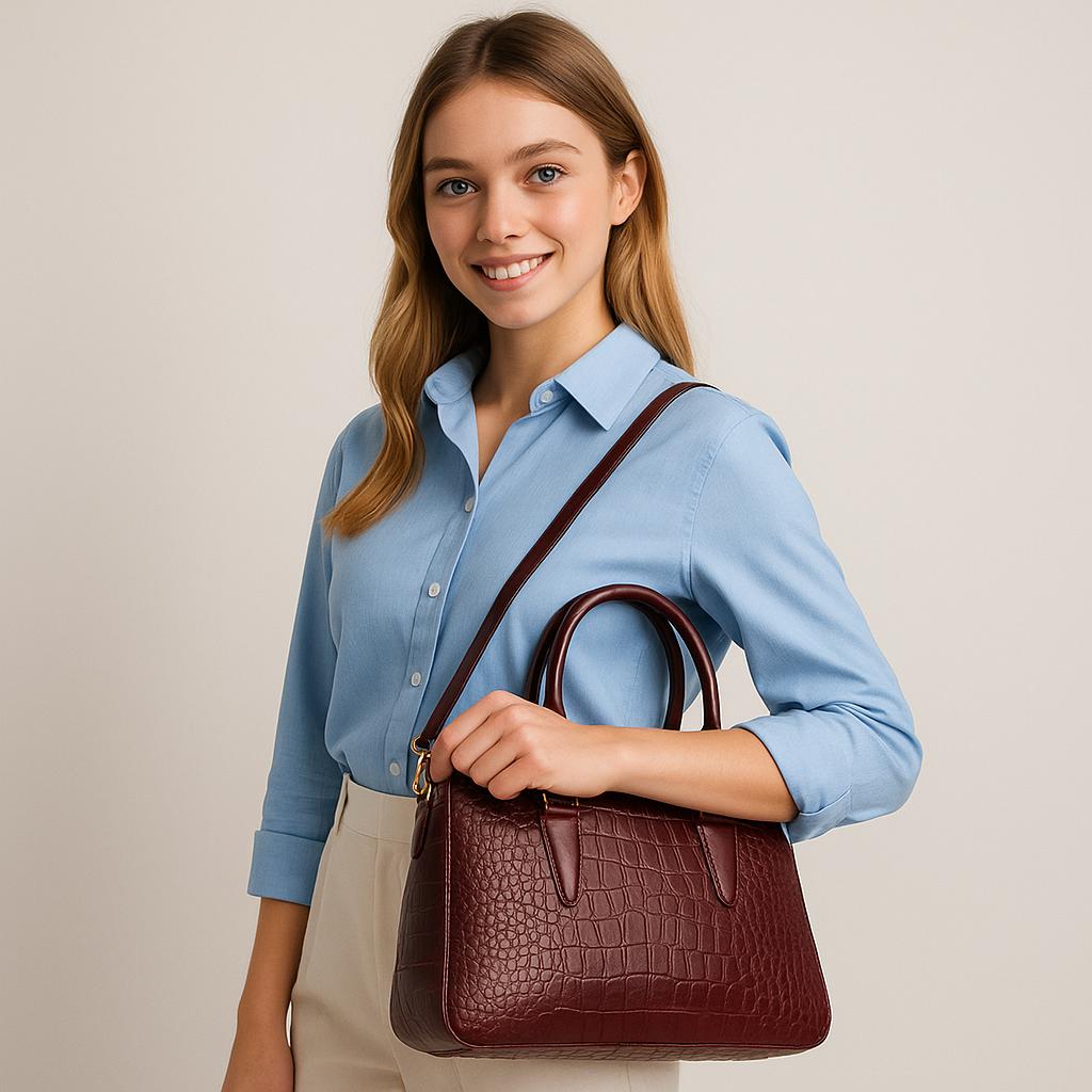 Woman holding a brown handbag against a plain background