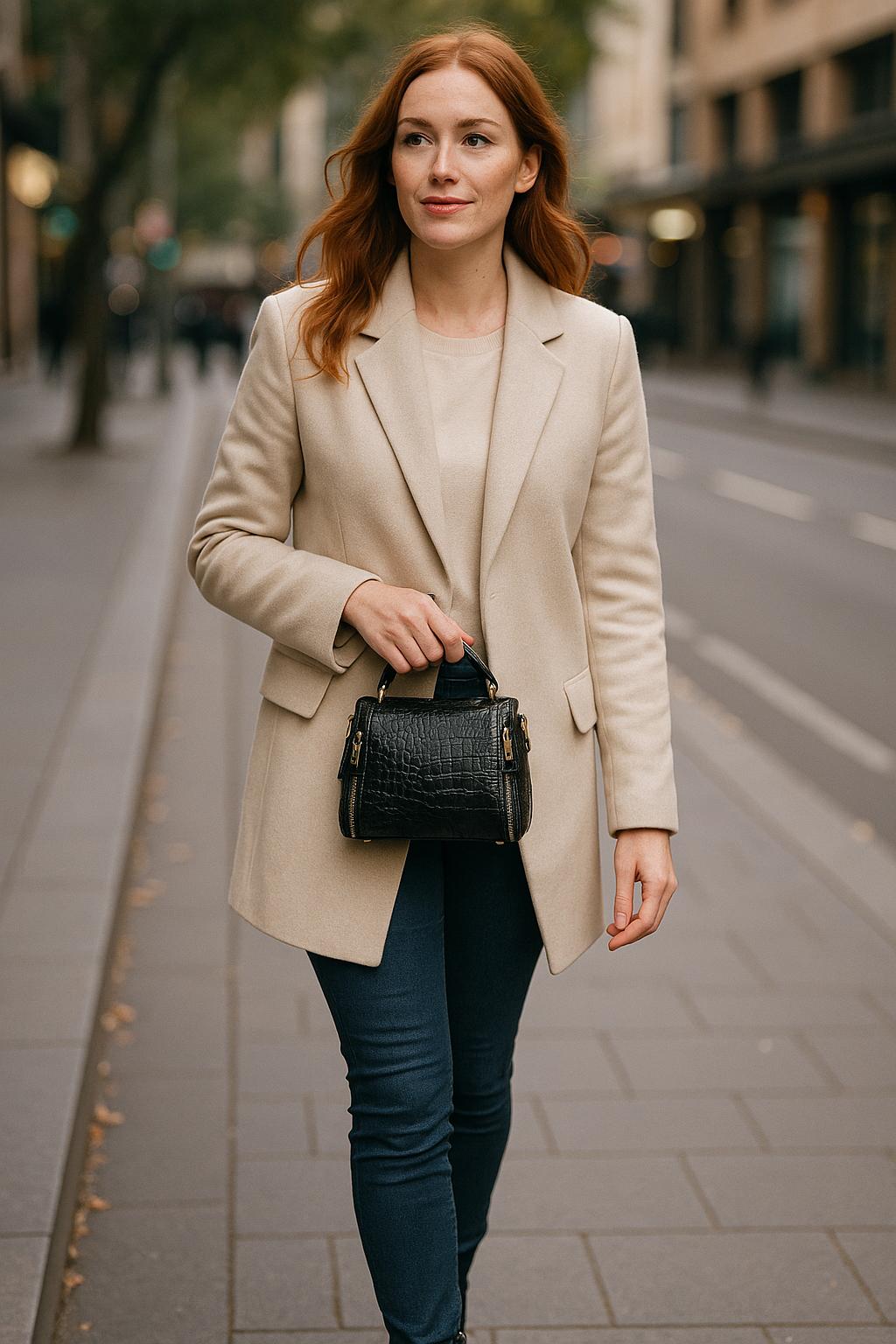 Woman in a beige coat holding a black handbag on a city street.