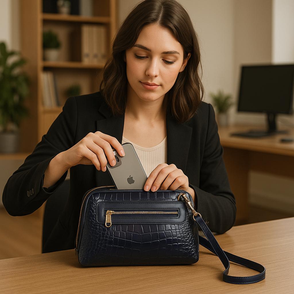 Woman placing a smartphone into a blue handbag in an office setting