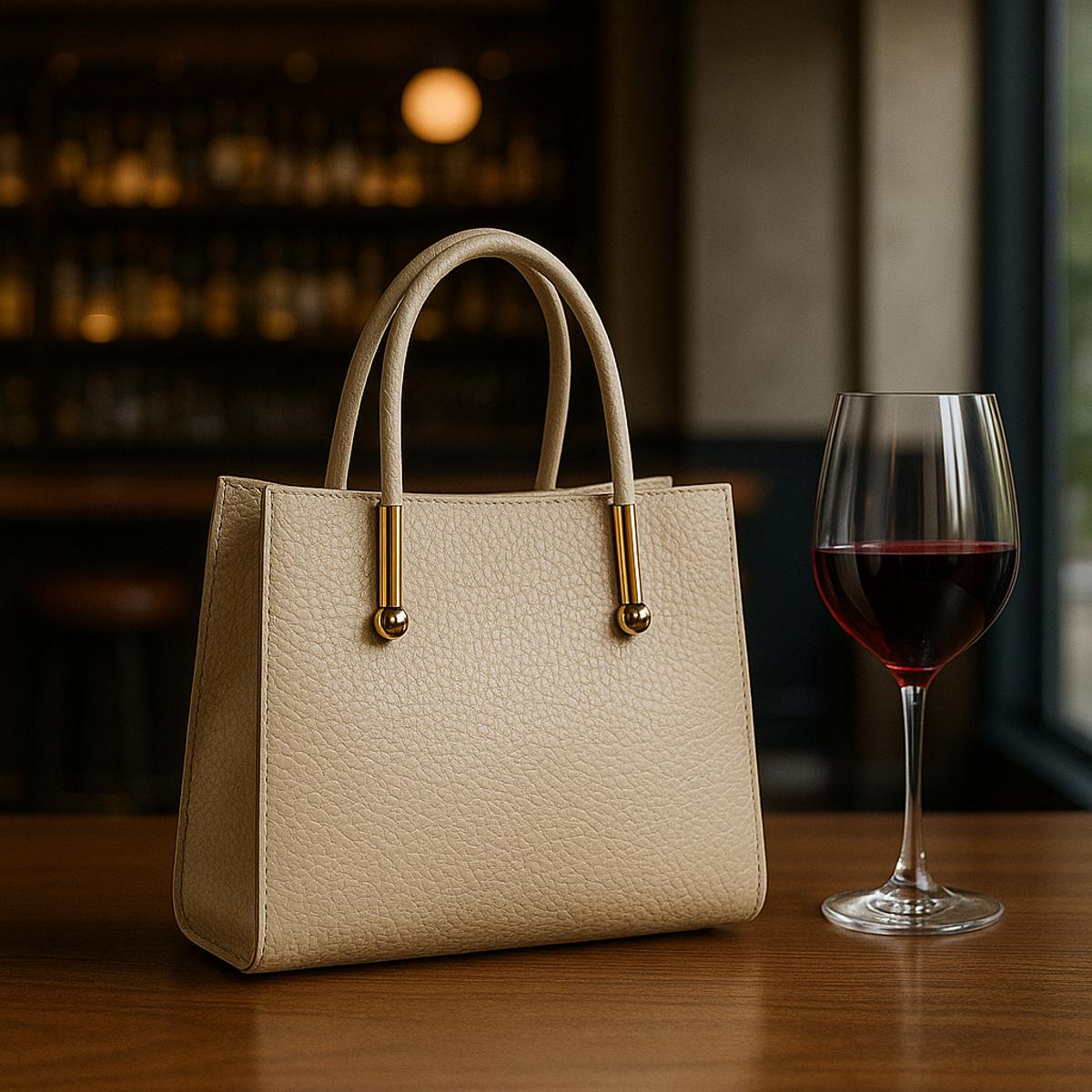 Beige handbag on a wooden table with a glass of red wine in the background