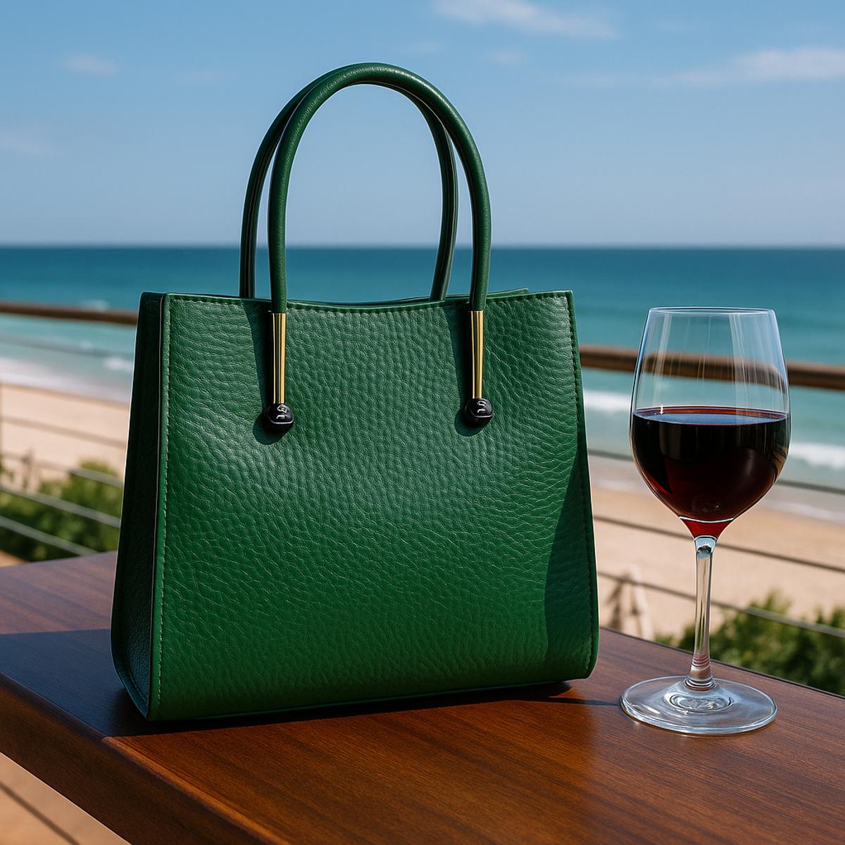 Green handbag and glass of red wine on a wooden table with ocean view