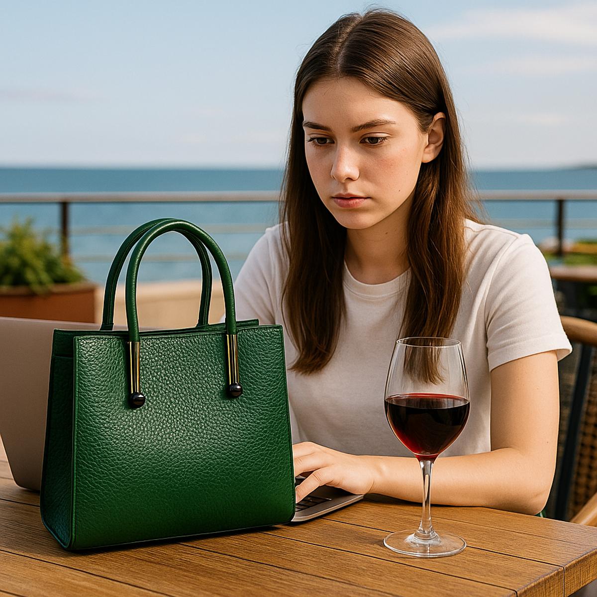 Woman using a laptop with a green handbag and glass of red wine on a wooden table by the sea.