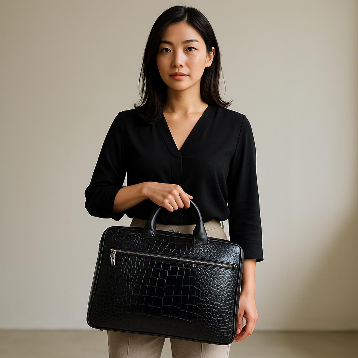 Woman holding a black crocodile-patterned briefcase against a plain background