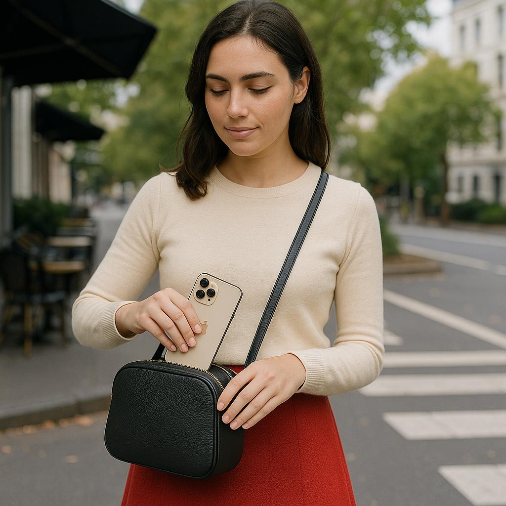 Woman wearing black leather crossbody shoulder bag with 3 compartments - LeatherLuxe premium bag