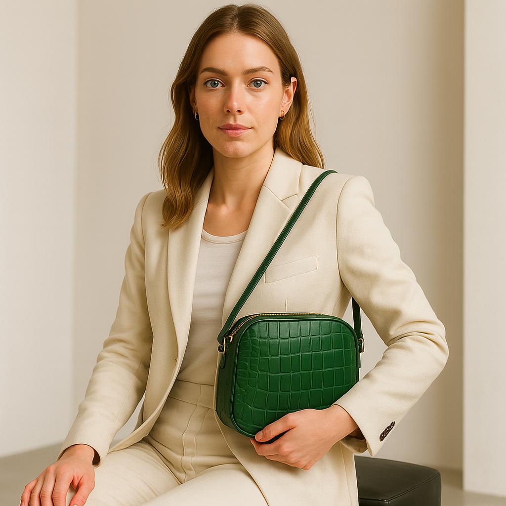Woman in a beige suit holding a green handbag against a neutral background