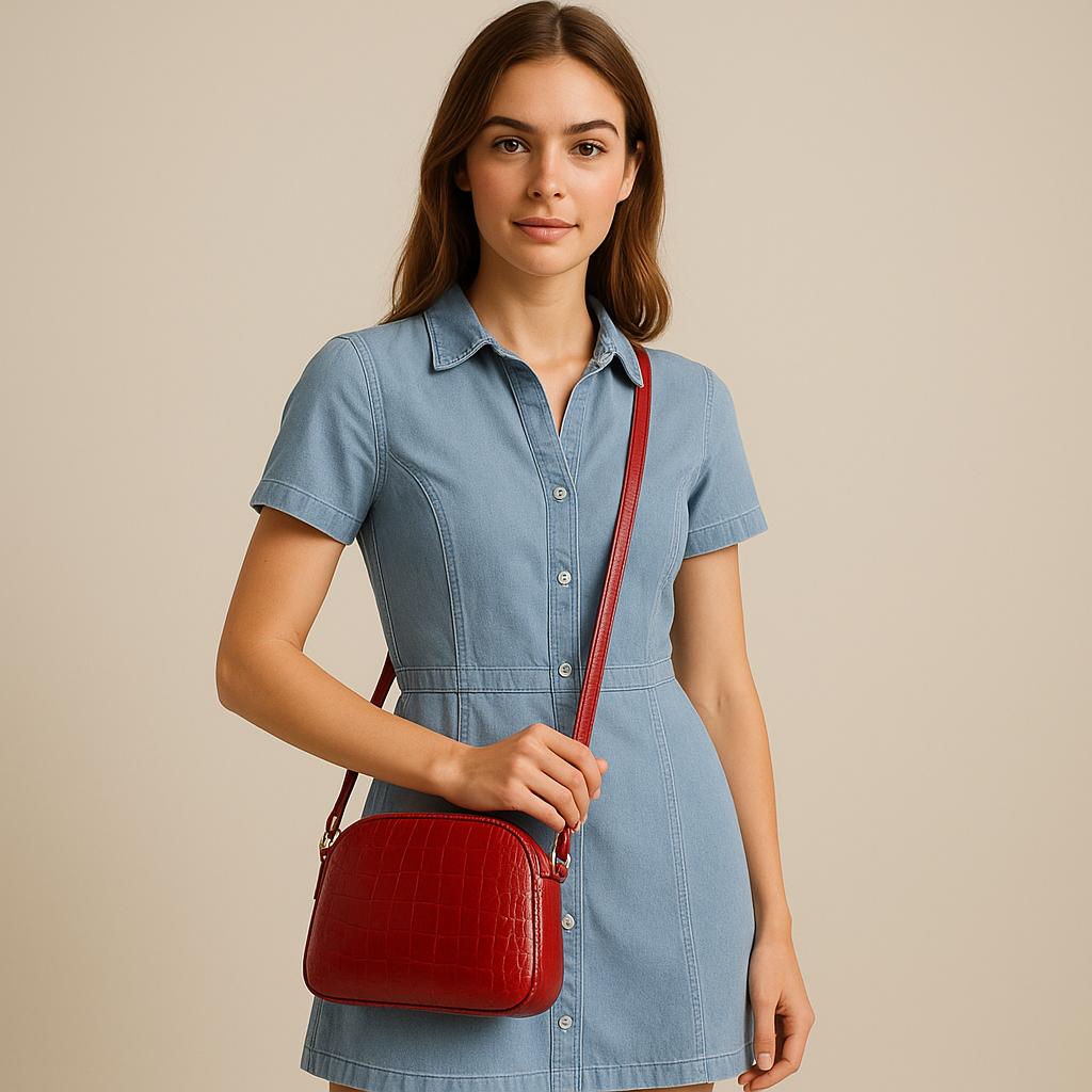 Woman wearing a blue dress holding a red handbag against a beige background