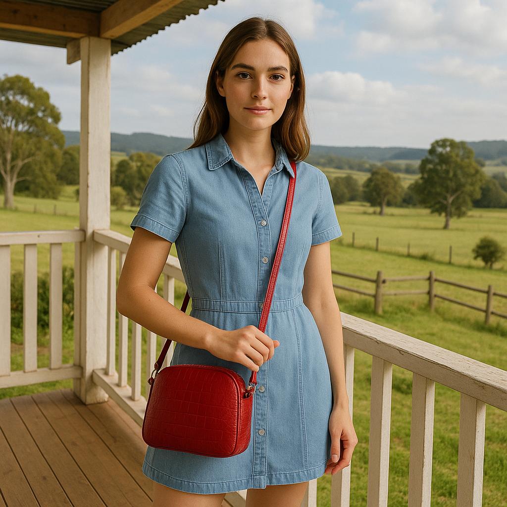 Woman in a blue dress holding a red bag on a wooden porch with a scenic background