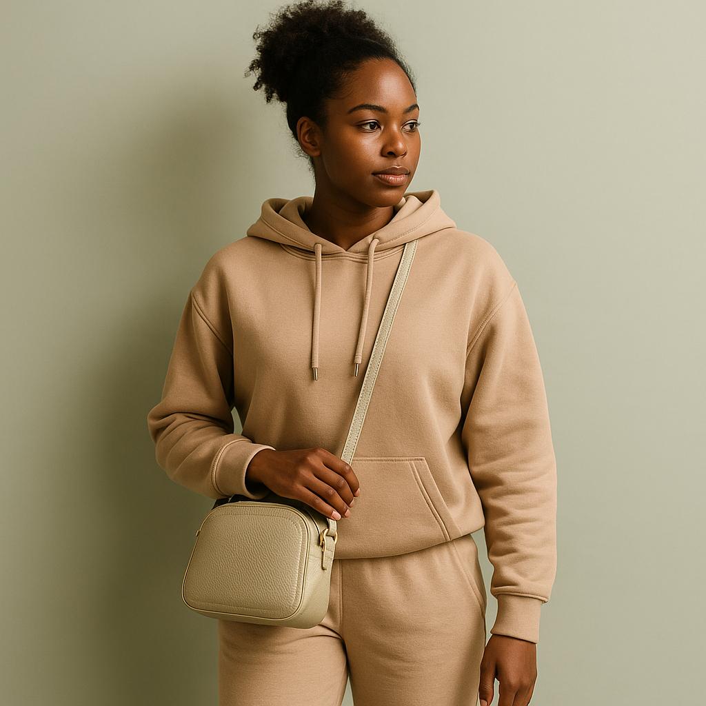Woman wearing a beige hoodie and pants holding a matching beige crossbody bag against a plain background