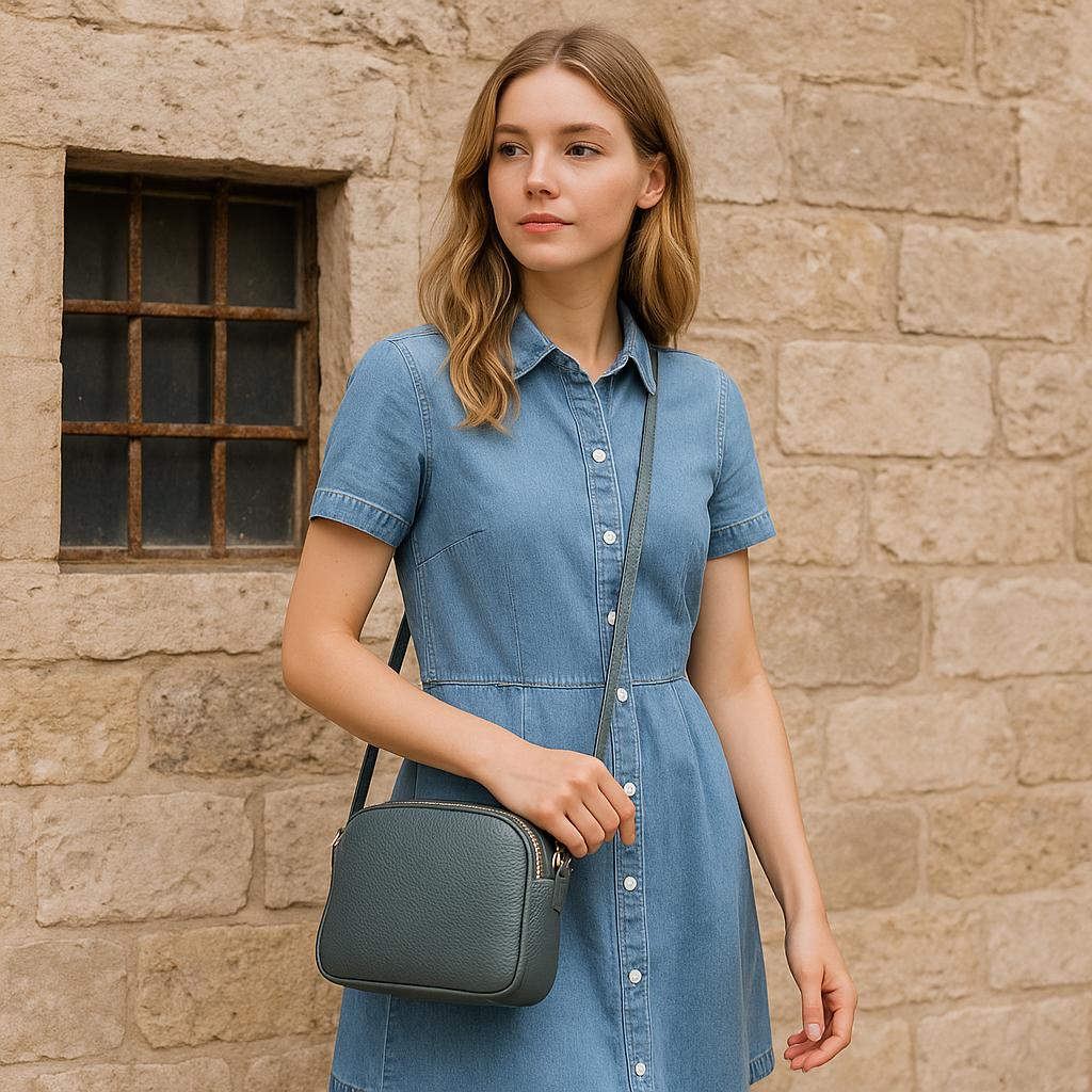 Woman in a denim dress holding a green handbag against a stone wall.