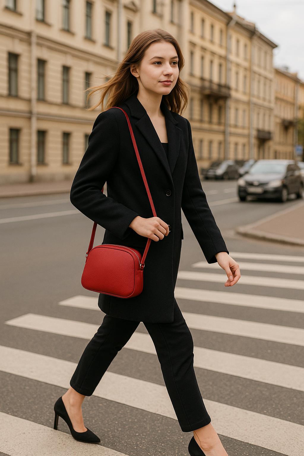 Woman crossing a street with a red handbag