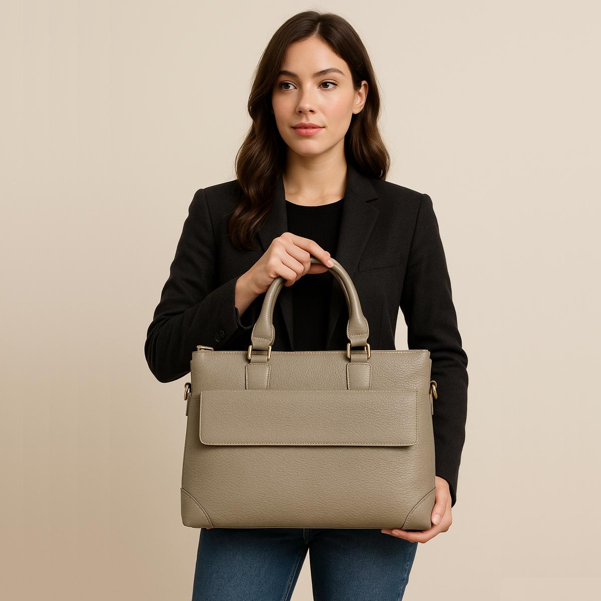 Woman holding a cream leather laptop bag against neutral background showcasing the bag's elegant design and size