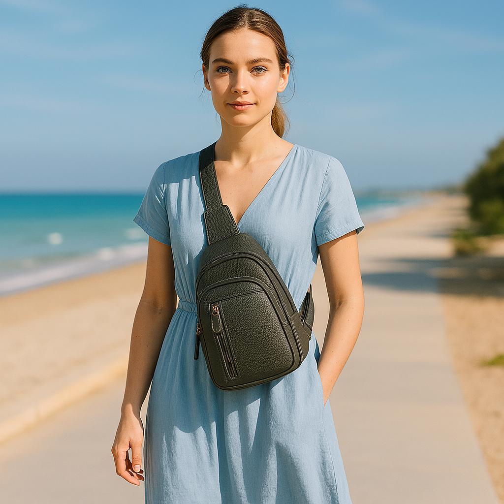 Woman wearing grey leather sling bag crossbody style on beach - LeatherLuxe unisex design