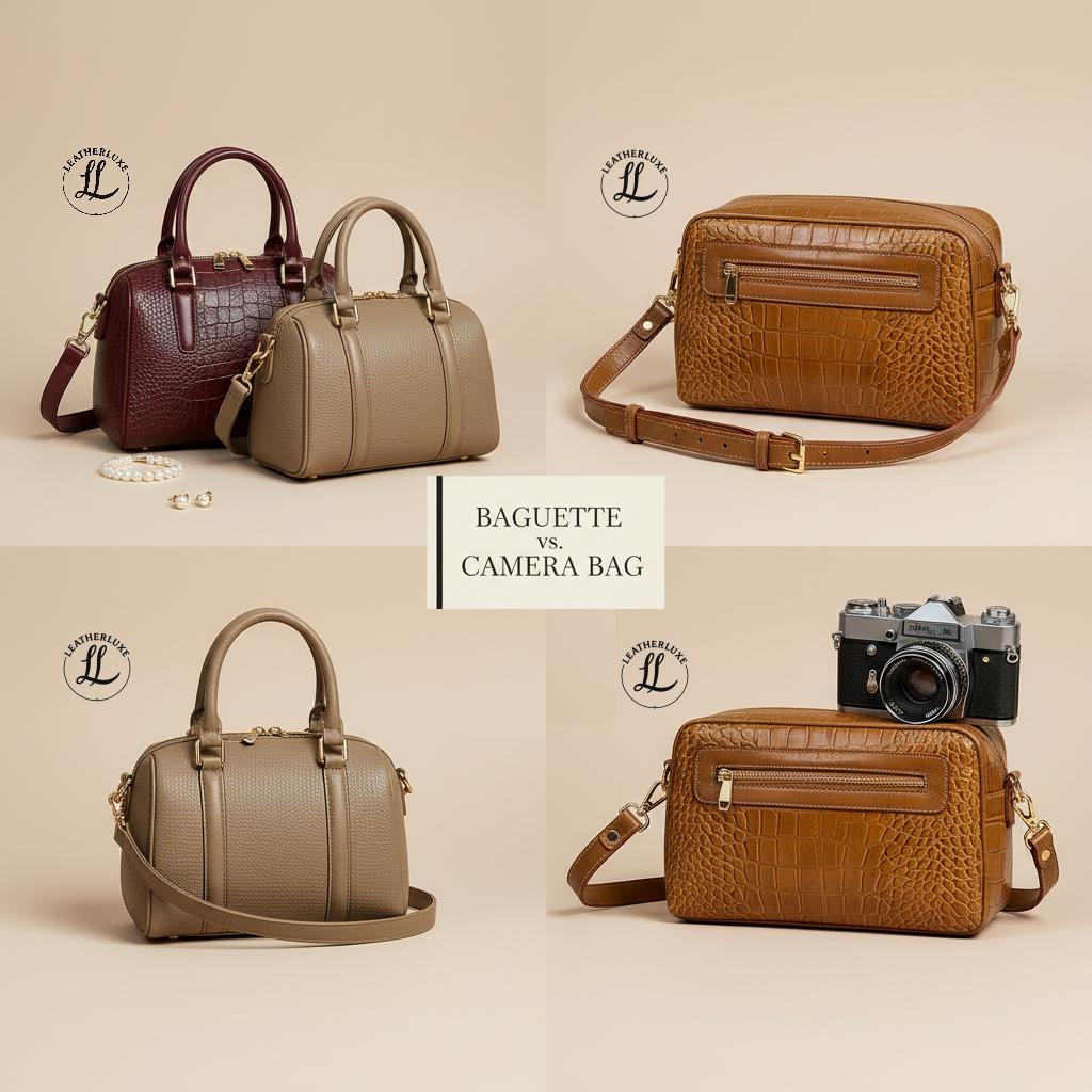 Comparison of baguette vs camera bag styles featuring LeatherLuxe leather handbags - beige textured baguette bag, brown croc-embossed crossbody camera bag, and burgundy croc-textured handbag arranged to show different silhouettes and carrying styles