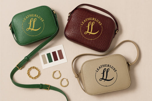 LeatherLuxe crossbody bags in forest green, oxblood, and beige demonstrating a 5-colour leather capsule wardrobe system