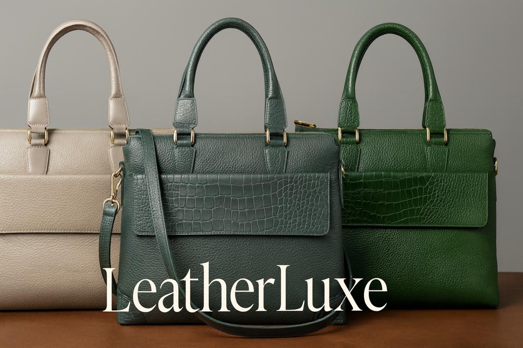 Premium leather laptop bags collection by LeatherLuxe featuring three styles: taupe pebbled leather bag with front pocket, gray-green mixed texture bag with shoulder strap, and emerald green crocodile-embossed bag, all with gold hardware