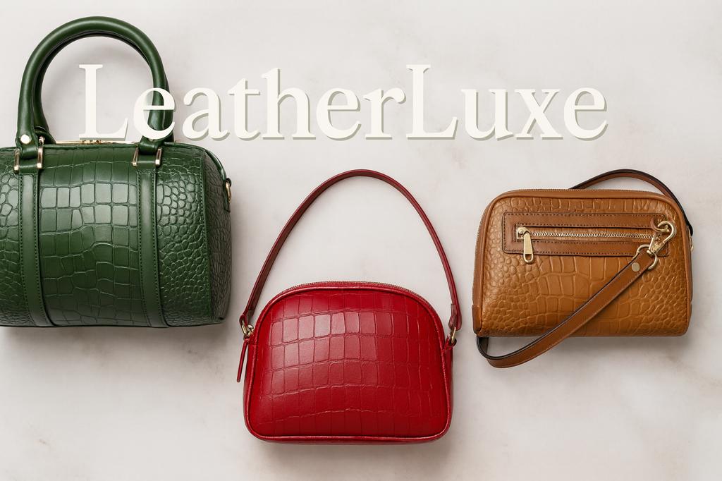 Shop LeatherLuxe shoulder bags โ navy top-grain leather handbag worn crossbody by the beach