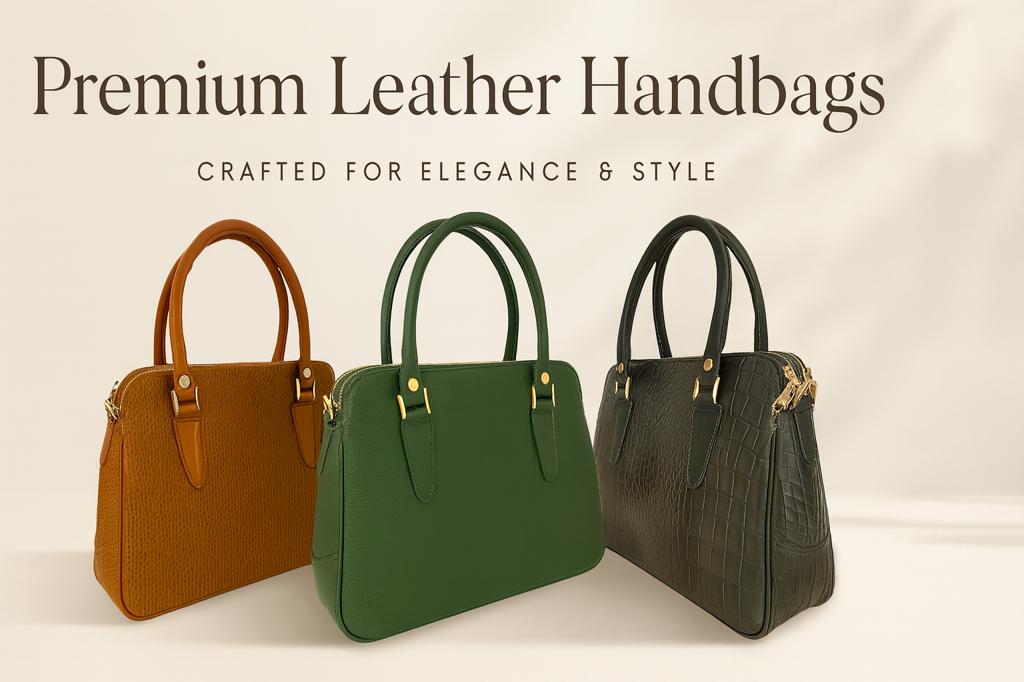 Premium leather handbags collection banner featuring three elegant handbags - brown textured leather, forest green smooth leather, and charcoal croc-embossed leather bags with gold hardware - crafted for elegance and style