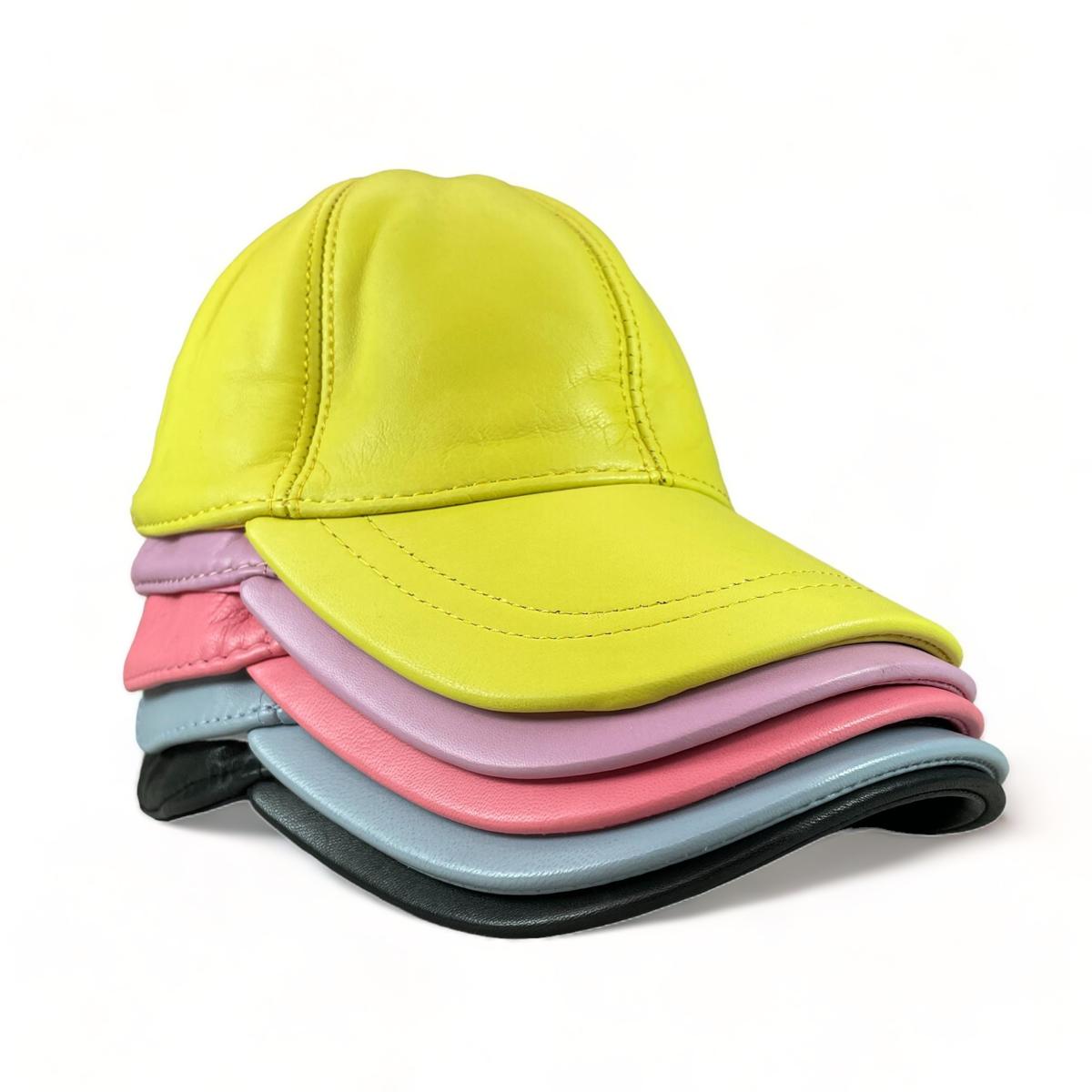 Leather Baseball Caps; yellow, pink, blue, and black Cap