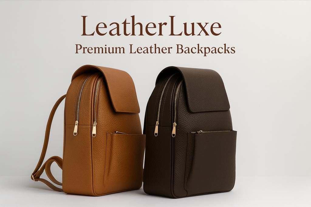 LeatherLuxe Premium Leather Backpacks - Brown and black handcrafted leather backpacks with dual zippers, gold hardware, and textured finish for women