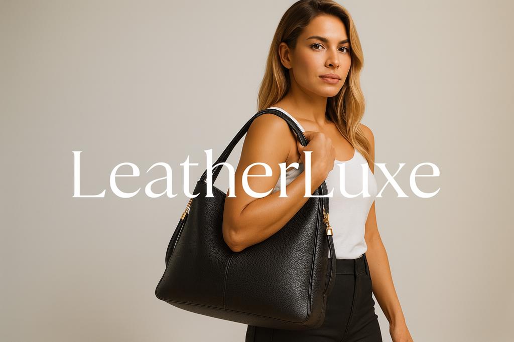 Elegant woman carrying premium black leather tote bag with gold hardware - LeatherLuxe Premium Leather Tote Bags Collection
