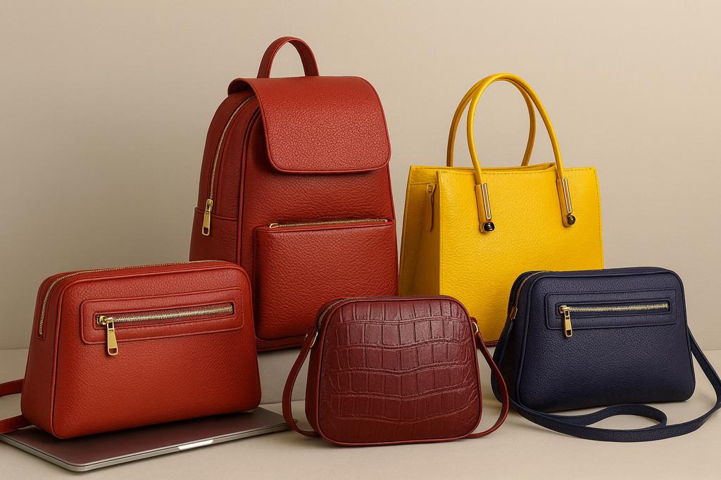 LeatherLuxe collection of genuine and top-grain leather handbags, crossbody bags, totes and wallets in neutral tones.