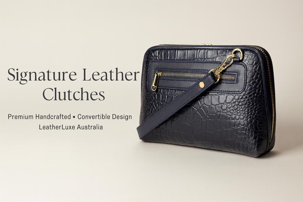 Black leather clutch bag with a strap on a beige background, featuring text about Signature Leather Clutches and LeatherLuxe Australia.