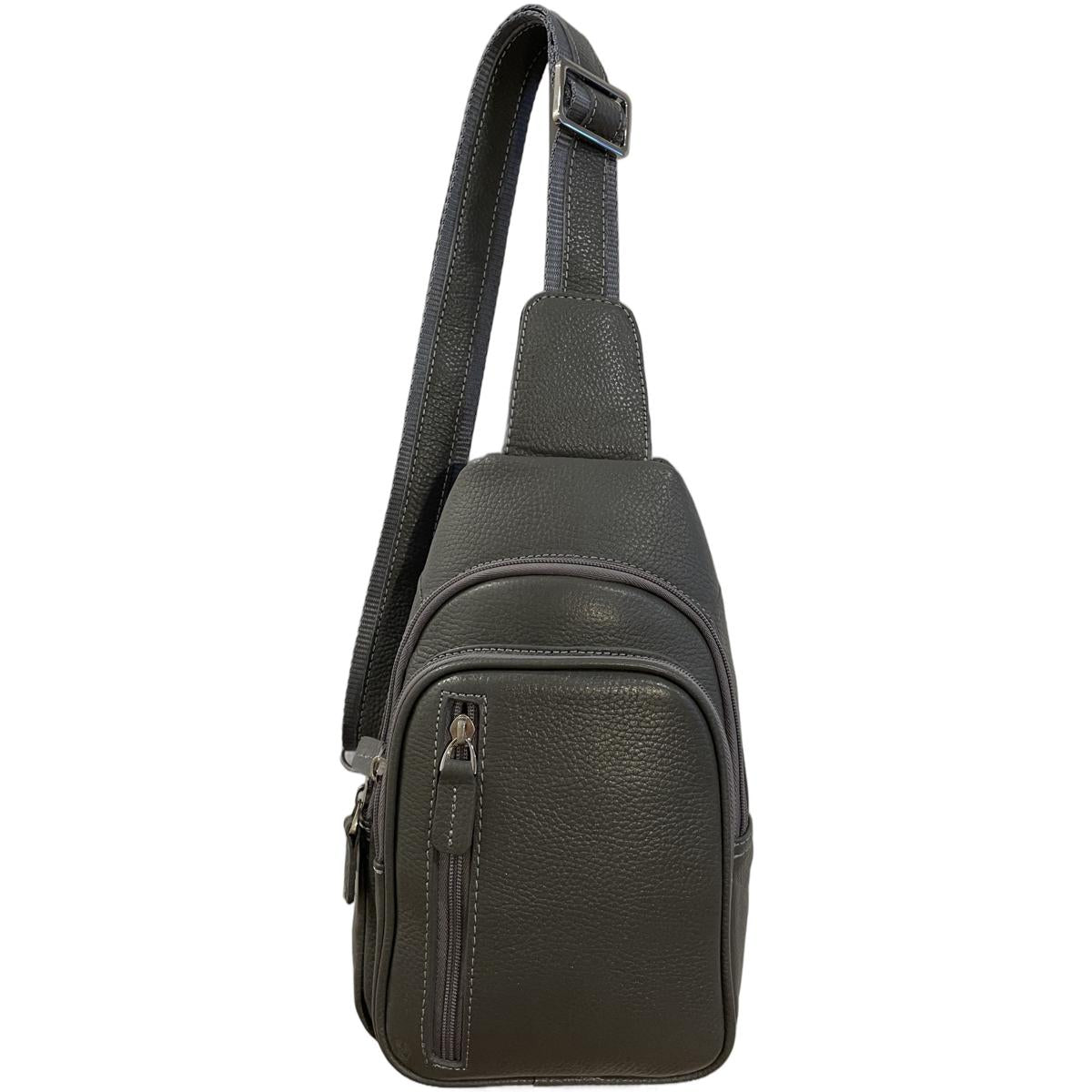 Close-up of genuine top-grain leather texture and quality stitching on LeatherLuxe sling bag