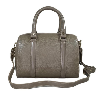 Grey-beige pebbled leather barrel bag on white background