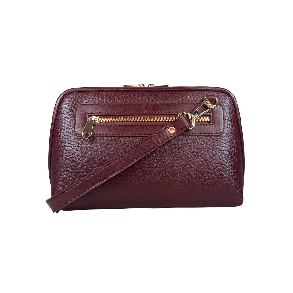 Dark red leather clutch bag front view showing premium craftsmanship