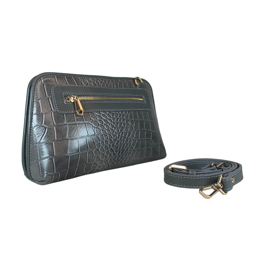 LeatherLuxe Silver Leather Clutch with Detachable Strap