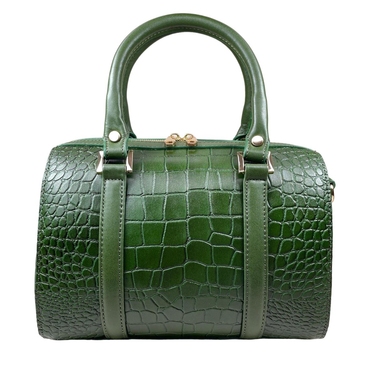 LeatherLuxe green crocodile-style barrel bag, studio photo