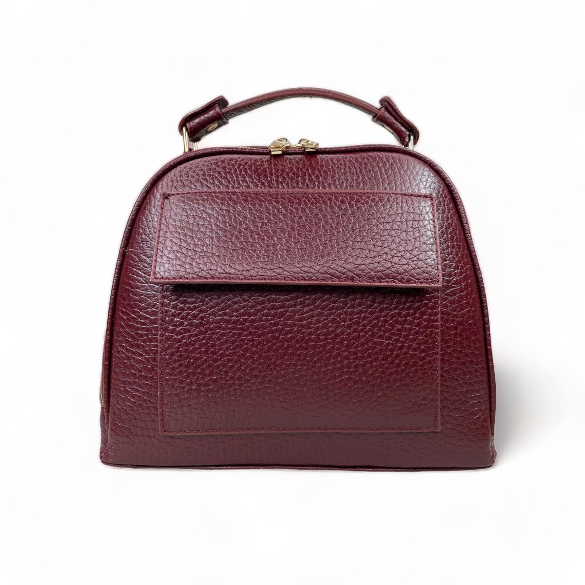 Dark red genuine leather women's satchel handbag, front view with top handle and front slip pocket — LeatherLuxe