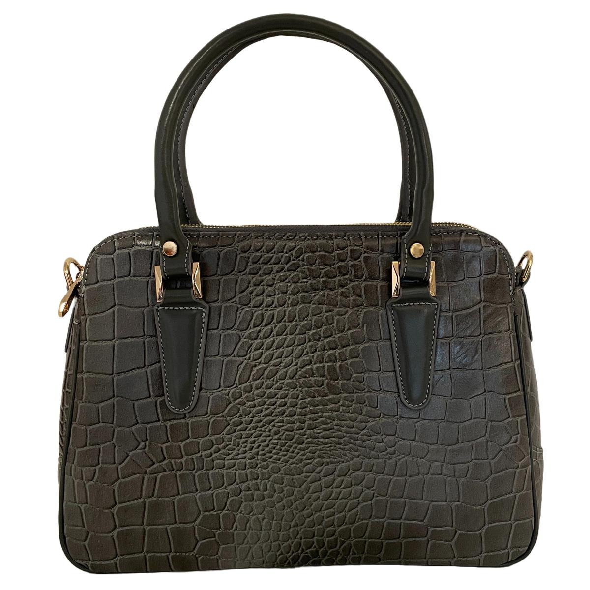Close-up view of silver leather office bag showing crocodile texture and hardware details