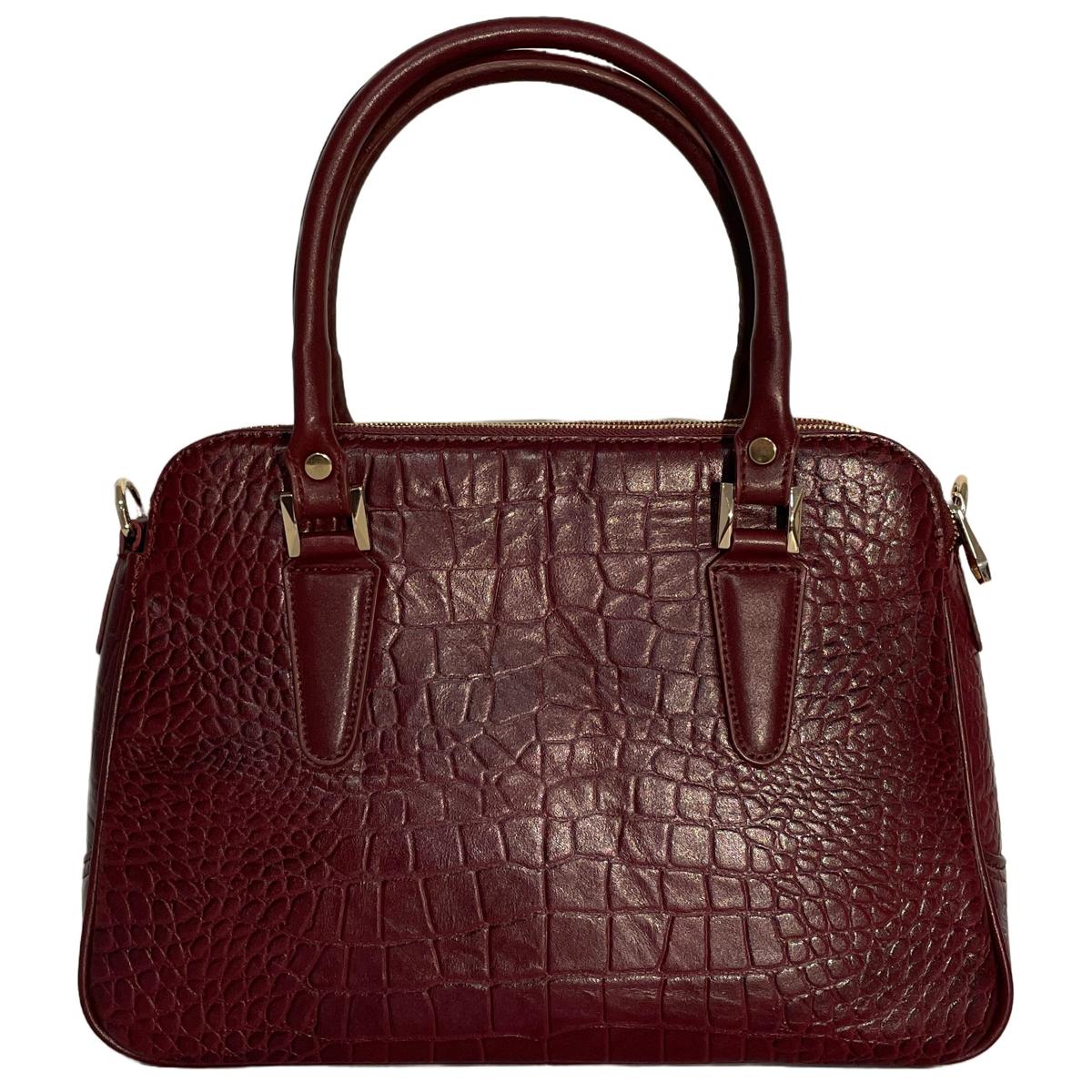 Red leather office bag showing front view with structured design and shoulder strap