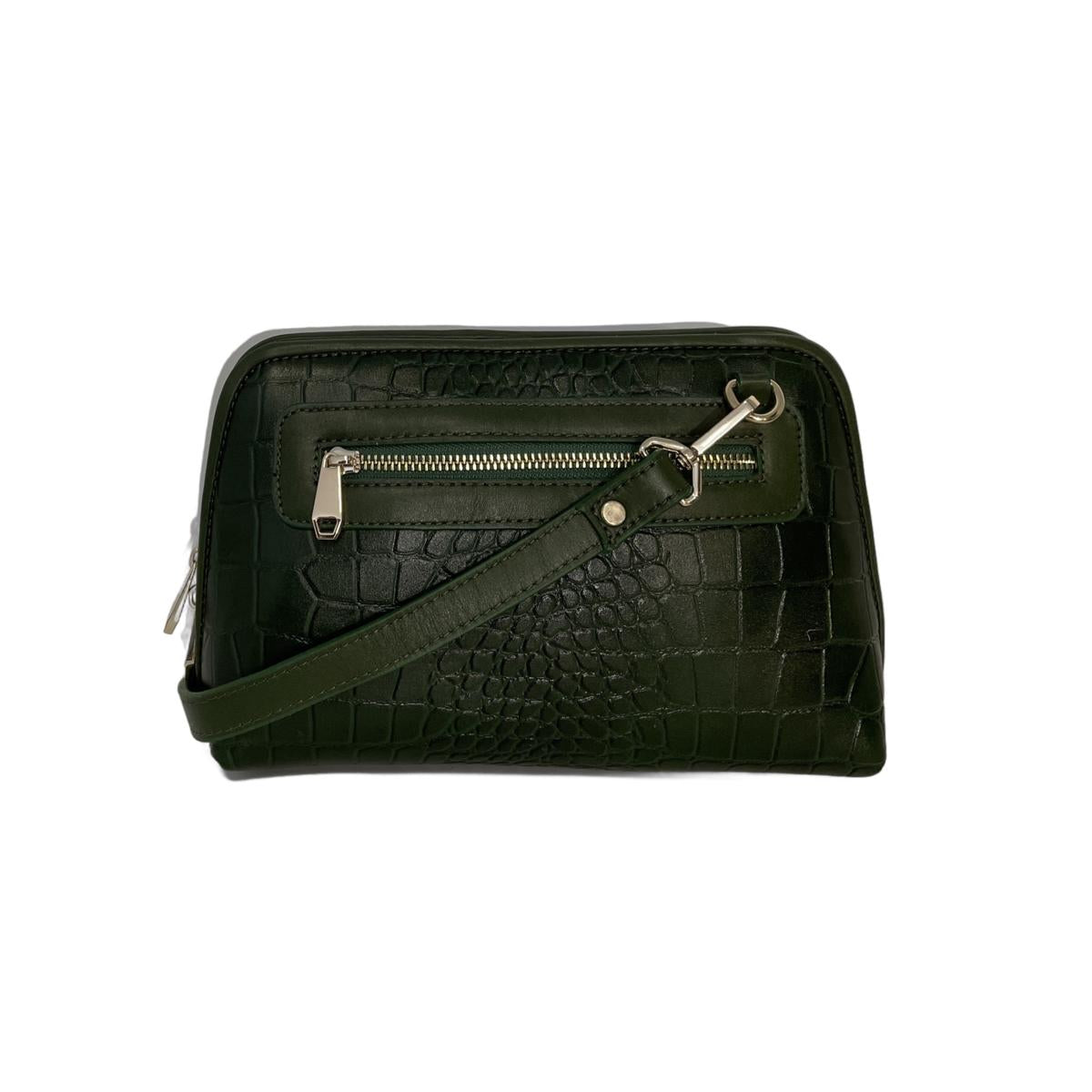 Adjustable shoulder strap attachment on green crocodile leather handbag