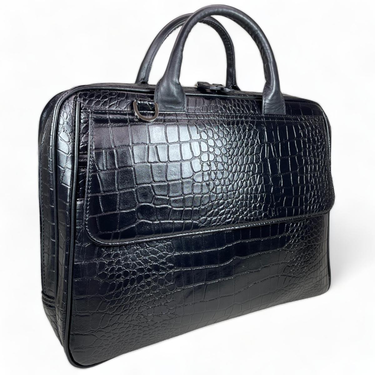 LeatherLuxe Black Crocodile Style Leather Unisex Bag Laptop Bag