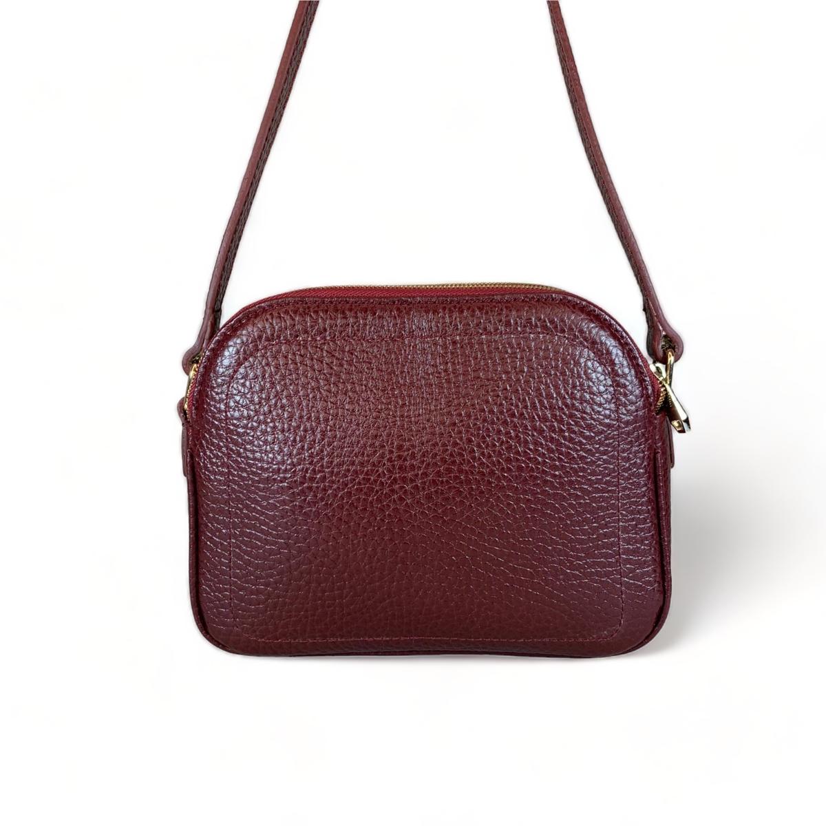 Front view of dark red real leather shoulder bag, rectangular small satchel