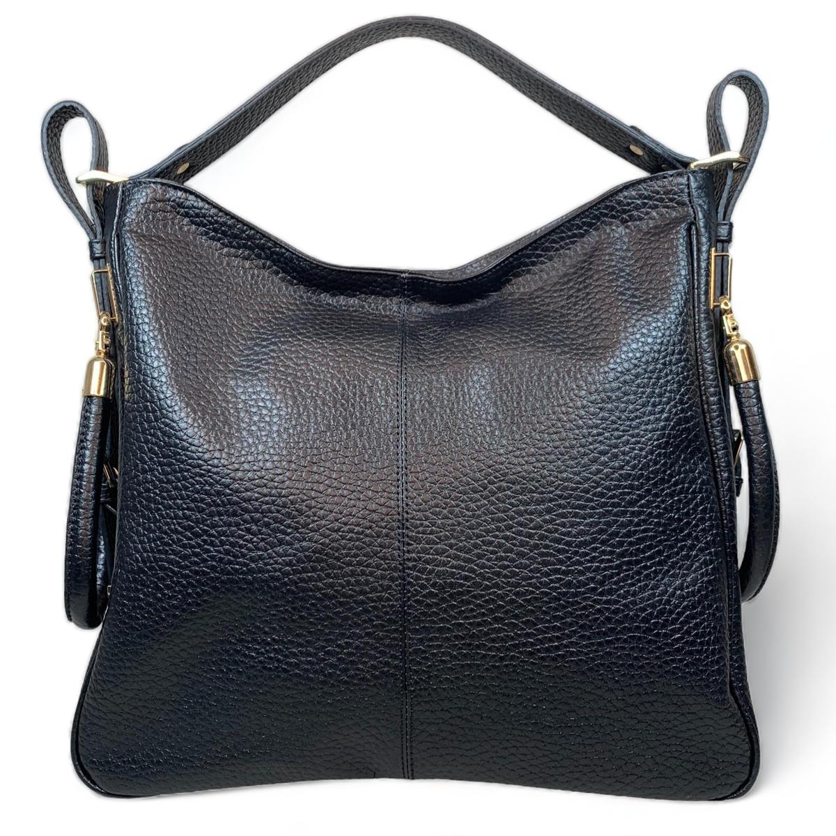 Black leather tote bag, classic smooth finish, front view
