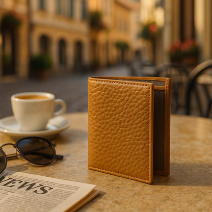 Brown leather wallet on a table with a newspaper, sunglasses, and a coffee cup in an outdoor setting.