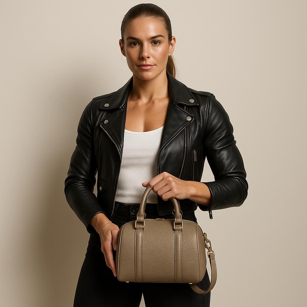 Woman holding a beige handbag against a plain background