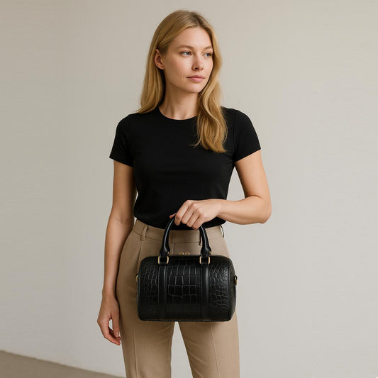 Woman holding a black handbag against a plain background