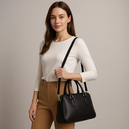 Woman holding a black handbag against a neutral background