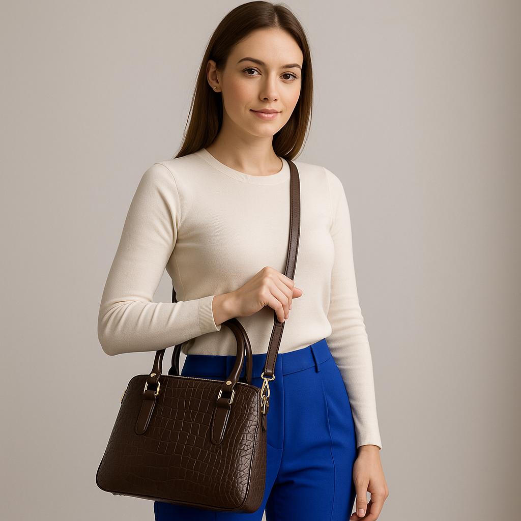 Woman holding a brown handbag against a plain background