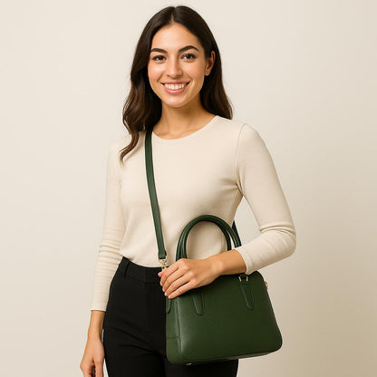 Model with a green top-grain leather office bag against a plain backdrop, detachable shoulder strap