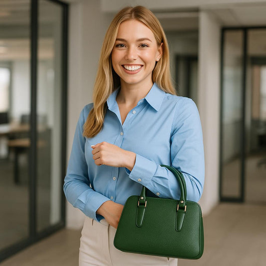 Woman holding a green handbag in an office setting