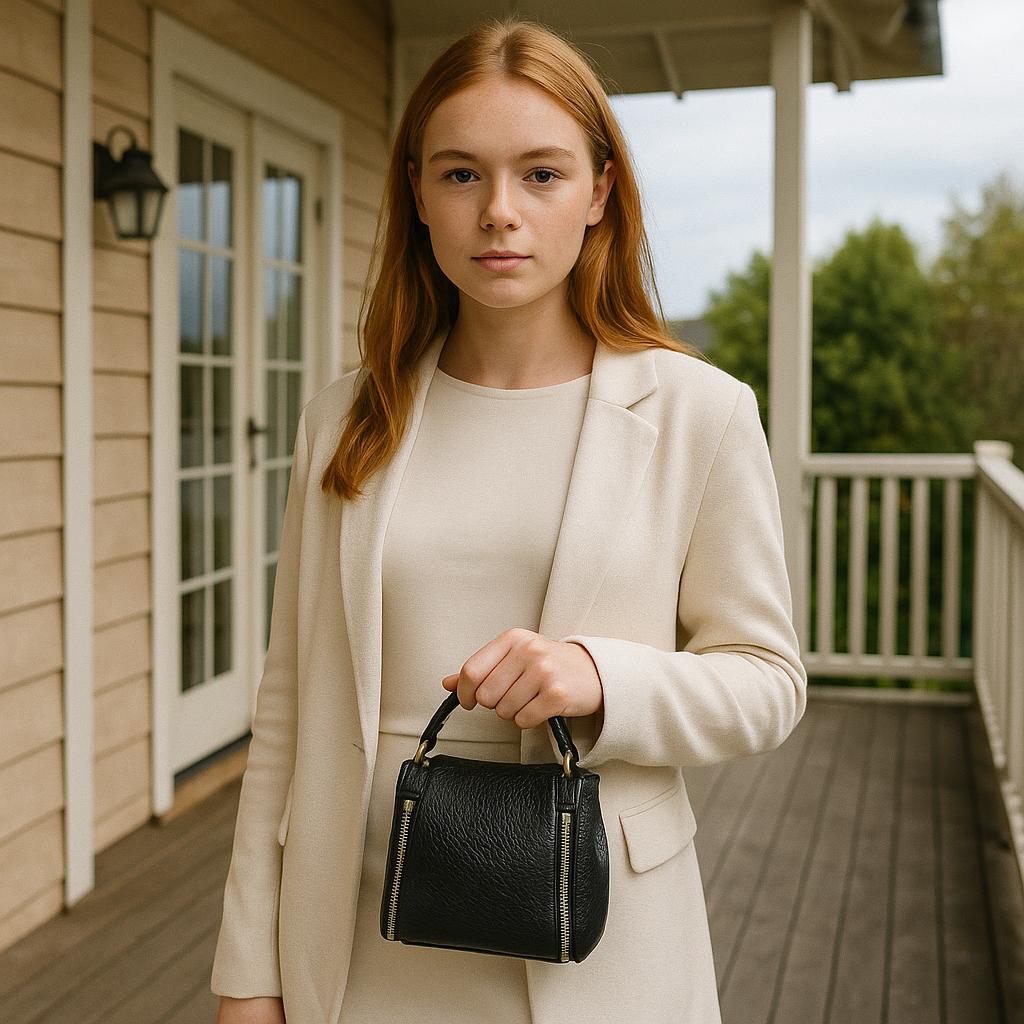 Woman in a beige suit holding a black handbag on a porch.