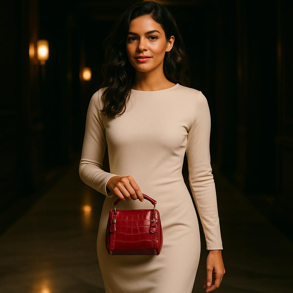 Woman holding a red handbag in a dimly lit setting