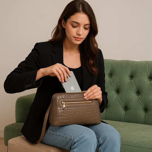 Woman sitting on a green couch with a brown handbag, holding an Apple device.