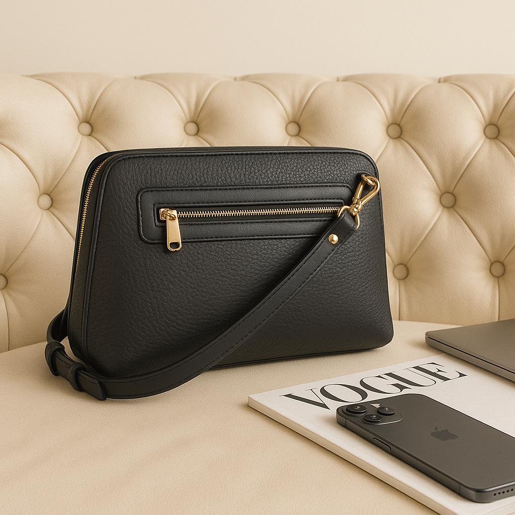 LeatherLuxe - Black Leather Clutch Bag Shoulder Bag; Crossbody