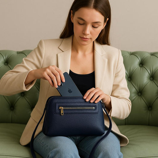 Woman sitting on a green couch, holding a blue handbag and an iPhone.